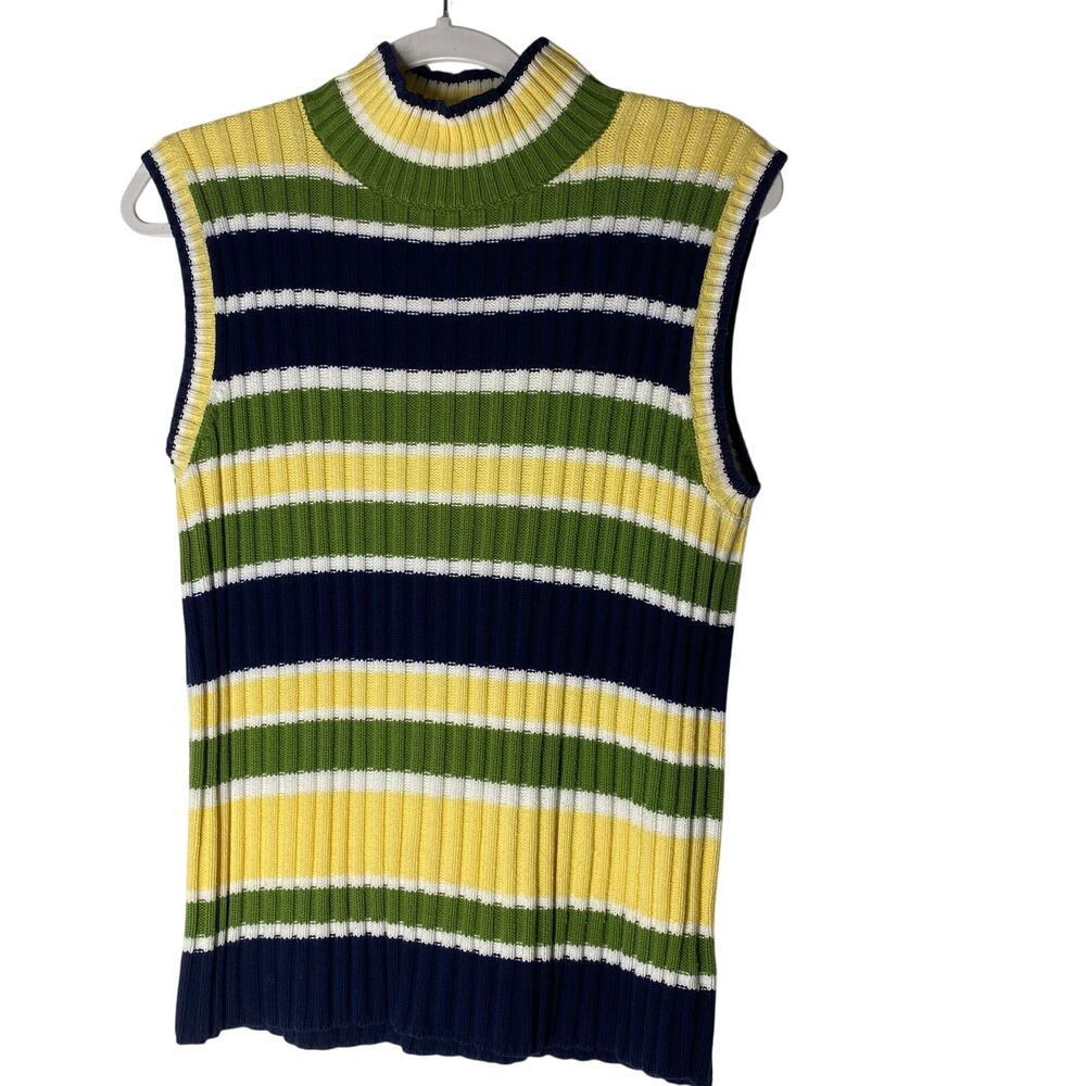 Vintage 90s Jones New York Womens Striped Sweater Sleeveless Ribbed Knit Large